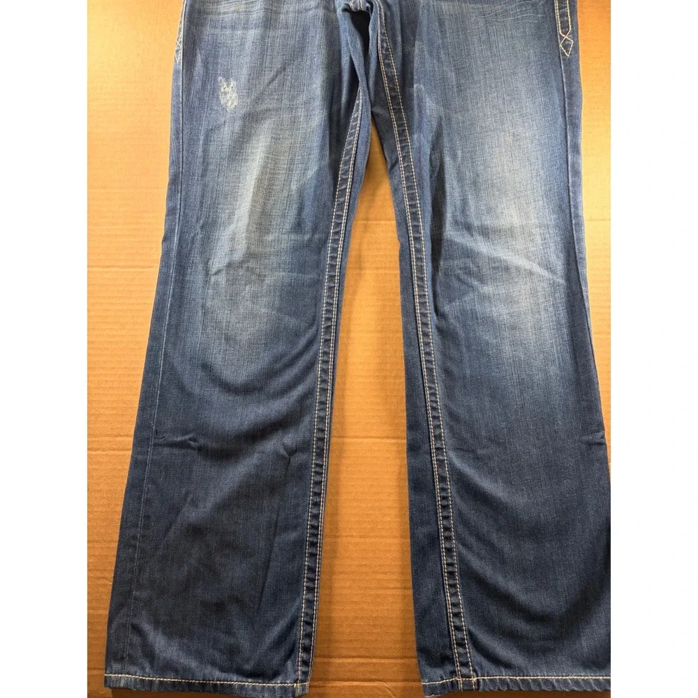 Rock Revival Curtis Straight Jeans Mens 36 Blue Distressed Thick Stitch Denim